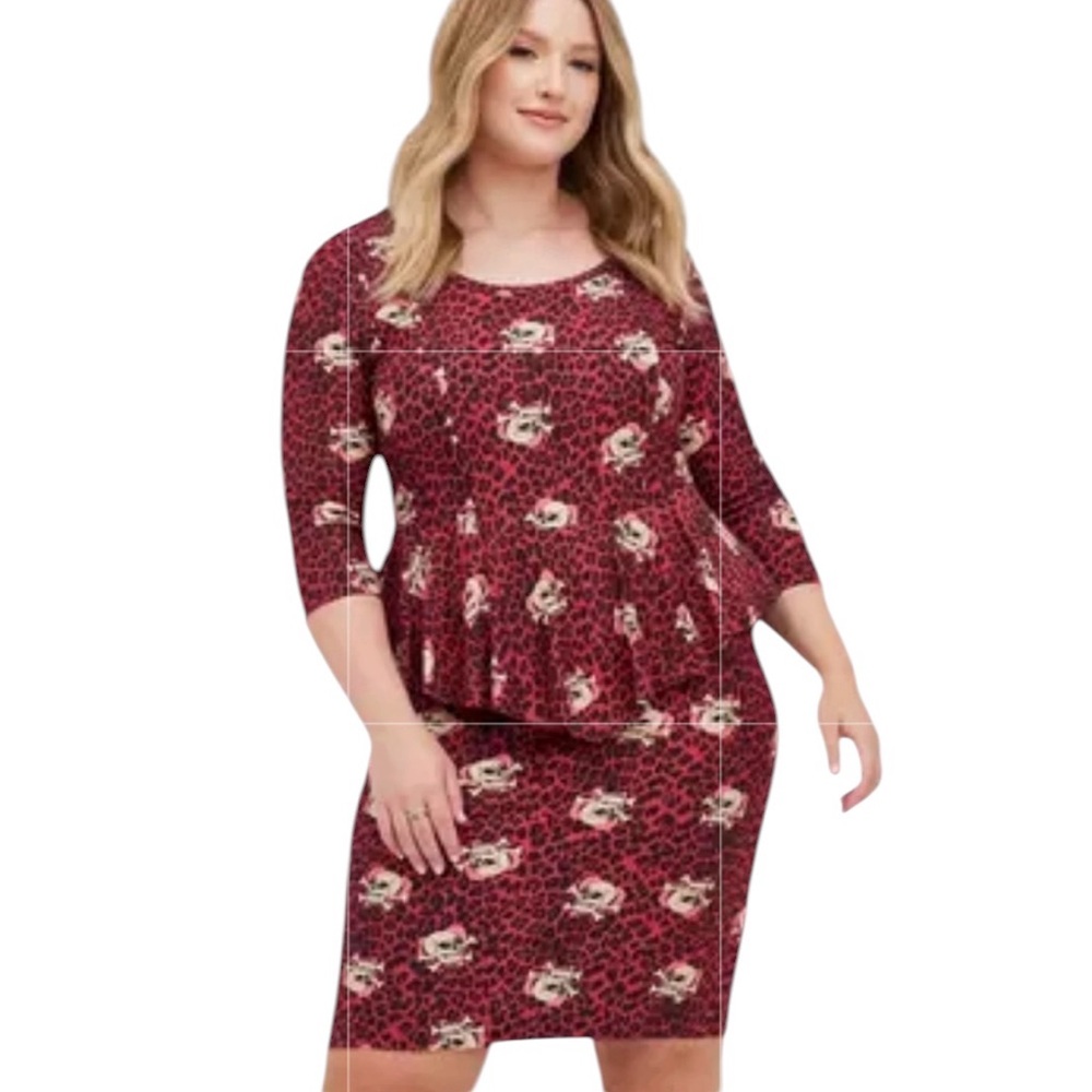 Torrid Peplum Dress‎ Ponte Skulls Hearts Leopard Print Red Whimsigoth Size 2X